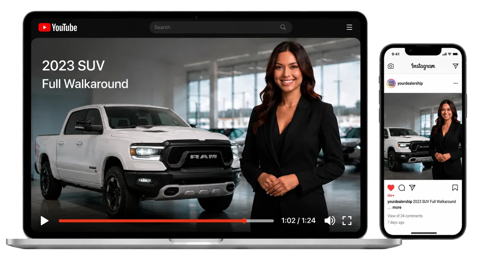 AI-generated walkaround video of a sales avatar presenting an SUV, shown on YouTube and Instagram