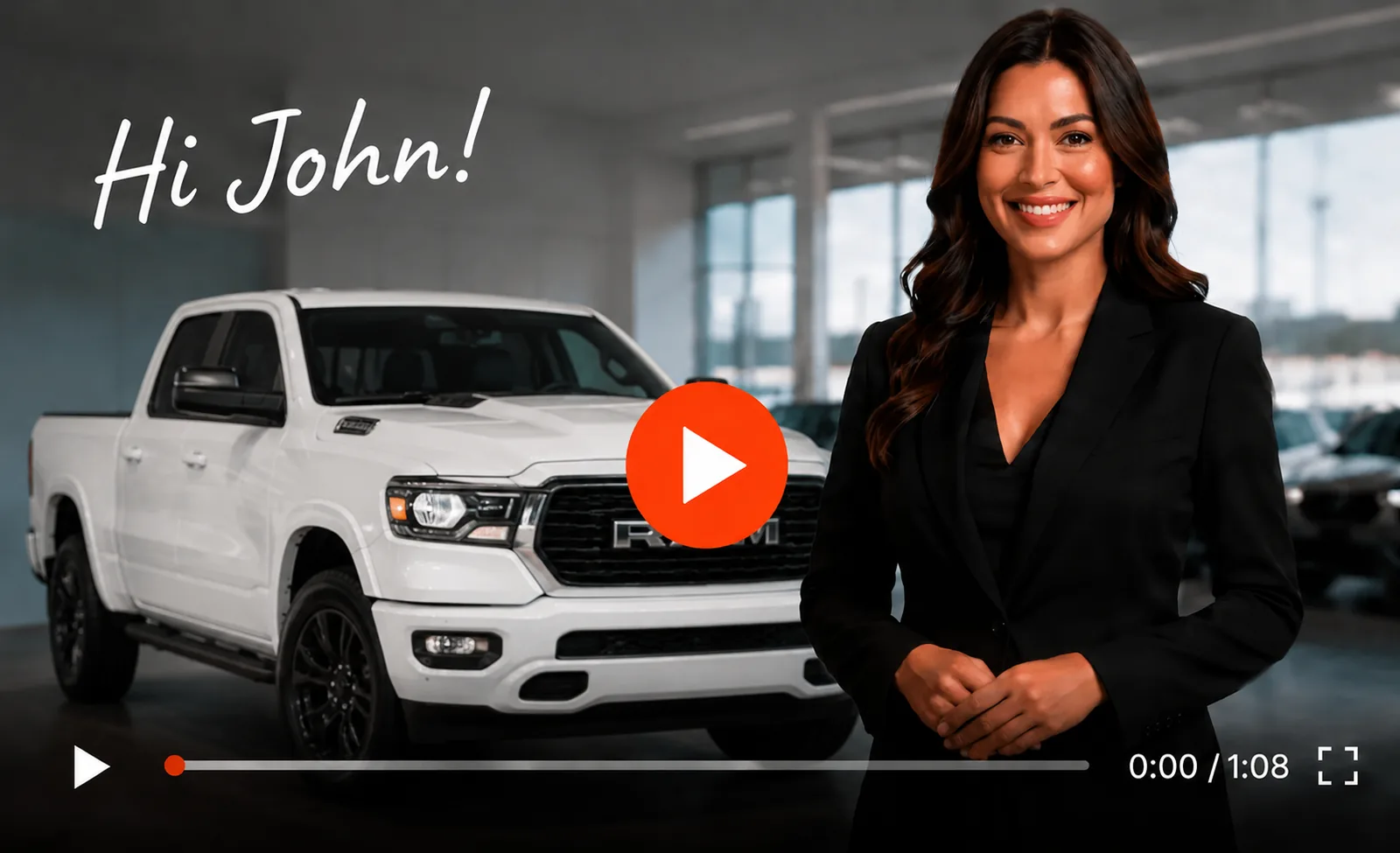 Personalized walkaround video greeting a lead named John, with a saleswoman beside a white pickup truck
